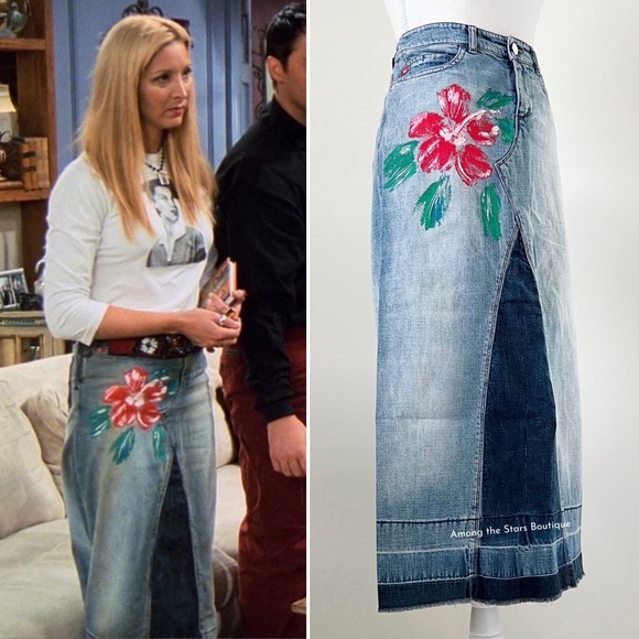 Extremely Rare Vintage Denim Floral Maxi Skirt ASO Phoebe Buffay in Friends - Picture 2 of 11